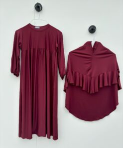 6014-4 - Kinder Abaya Set mit Hijab Dunkelrot